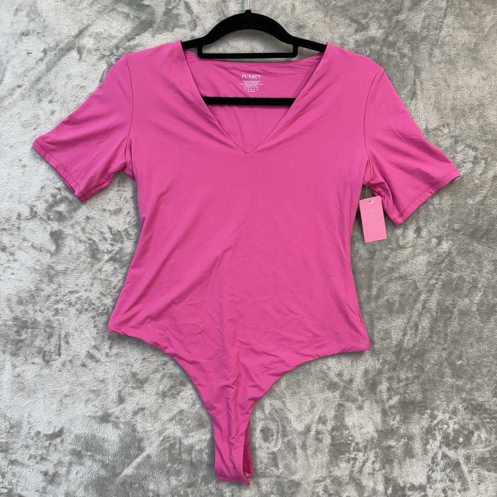 New Pink Bodysuit L V-Neck Short Sleeve Stretch Fitted Basic Tee Top T‎ Back